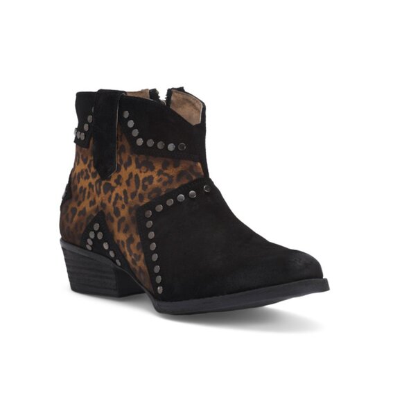 CIRCLE G Black Haircalf Zipper And Studs Ankle Boot Round Toe Boots